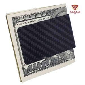 Carbon fiber wallet with a hundred dollar bill.