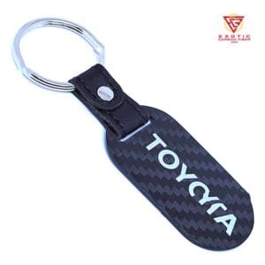 Keychain with carbon fiber design and logo.