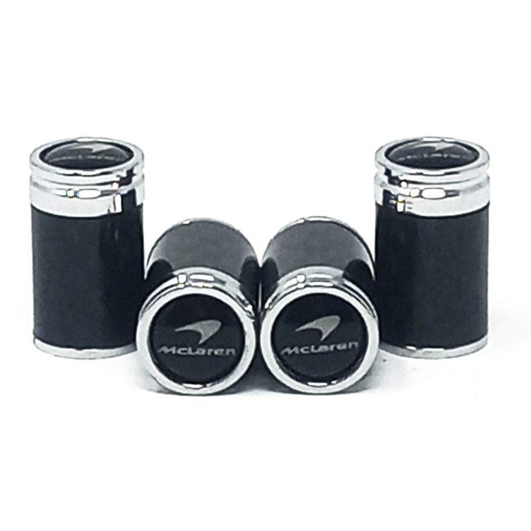 McLaren Valve Caps Silver Text and Logo Exotic Carbon FIber