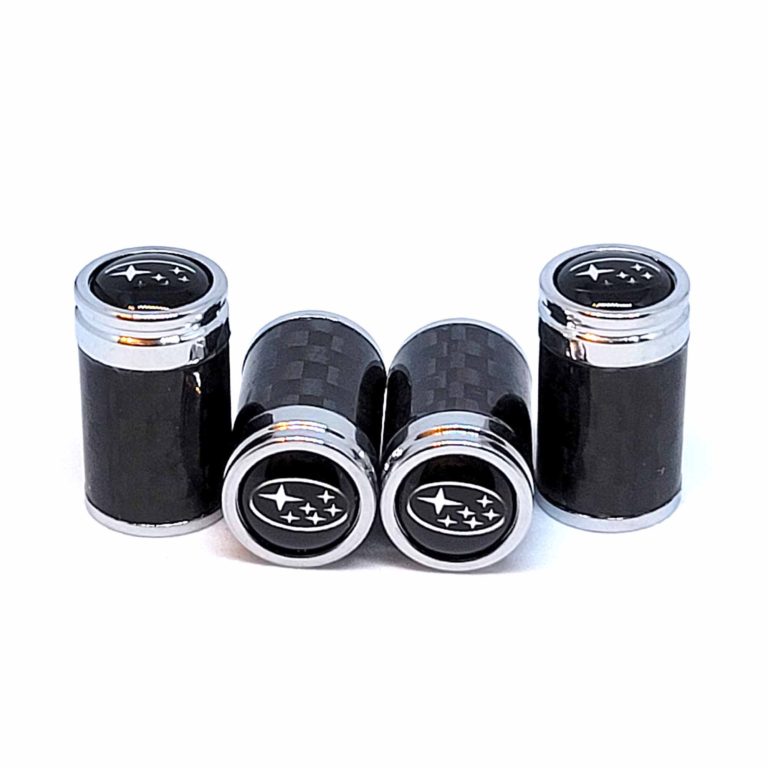 Subaru Tire Valve Caps Silver Logo on Black Exotic Carbon Fiber