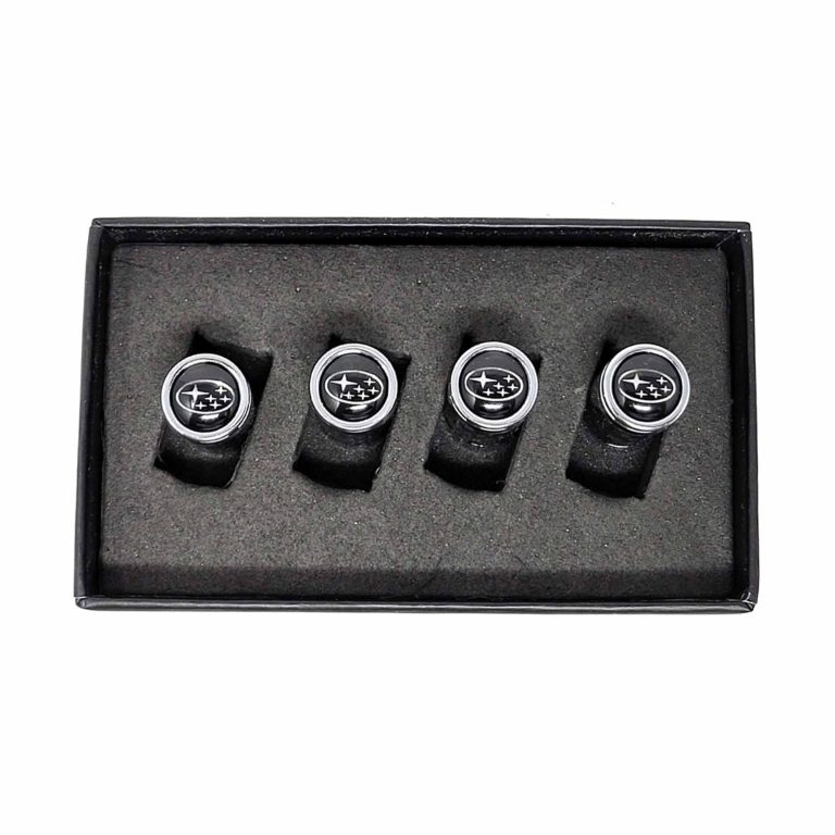 Subaru Tire Valve Caps Silver Logo on Black Exotic Carbon Fiber
