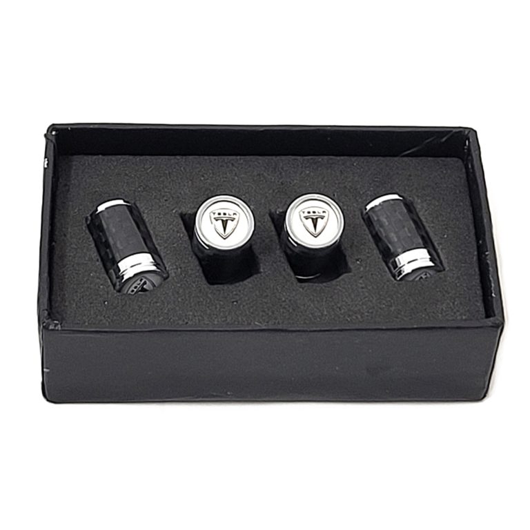 Tesla Tire Valve Caps White Background Exotic Carbon Fiber