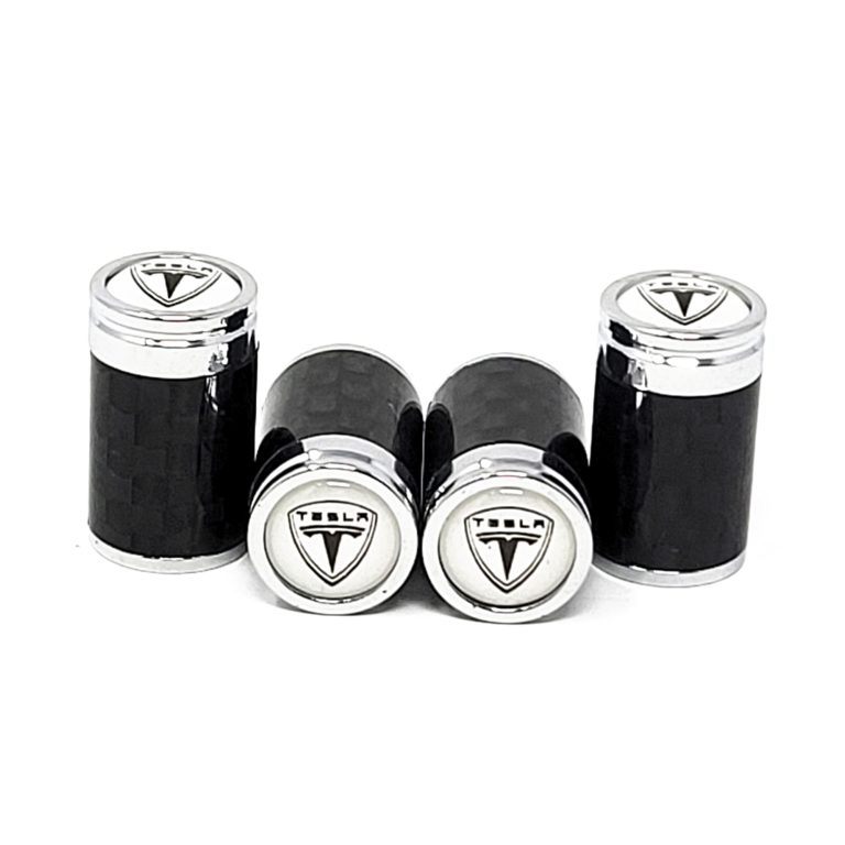 Tesla Tire Valve Caps White Background Exotic Carbon Fiber