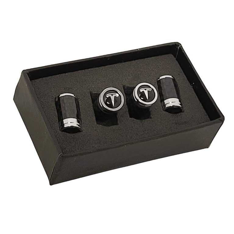 Tesla Tire Valve Caps Silver T Black Background Exotic Carbon FIber