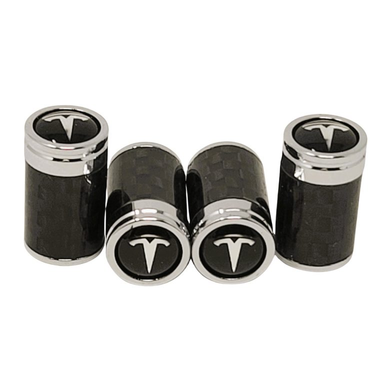 Tesla Tire Valve Caps Silver T Black Background Exotic Carbon FIber