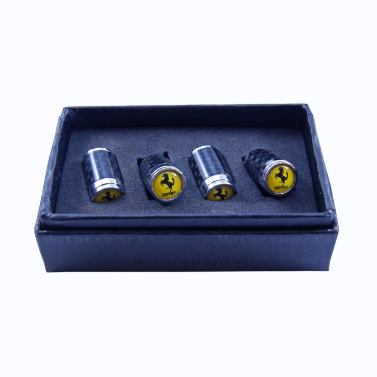 Ferrari Cavallino Valve Caps Yellow Background Exotic Carbon Fiber