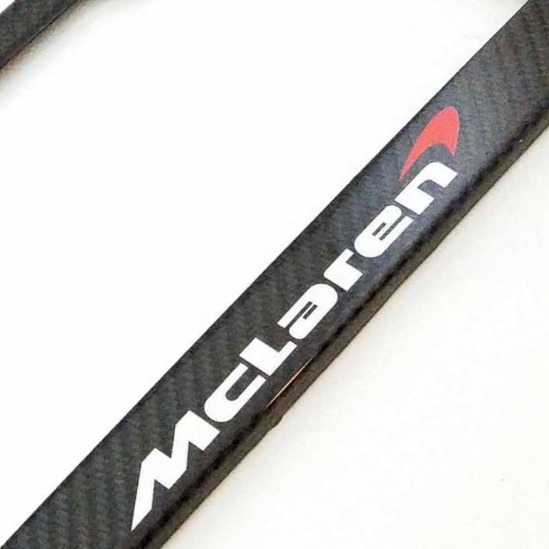 McLaren License Frame Red Swoosh White Text Exotic Carbon Fiber
