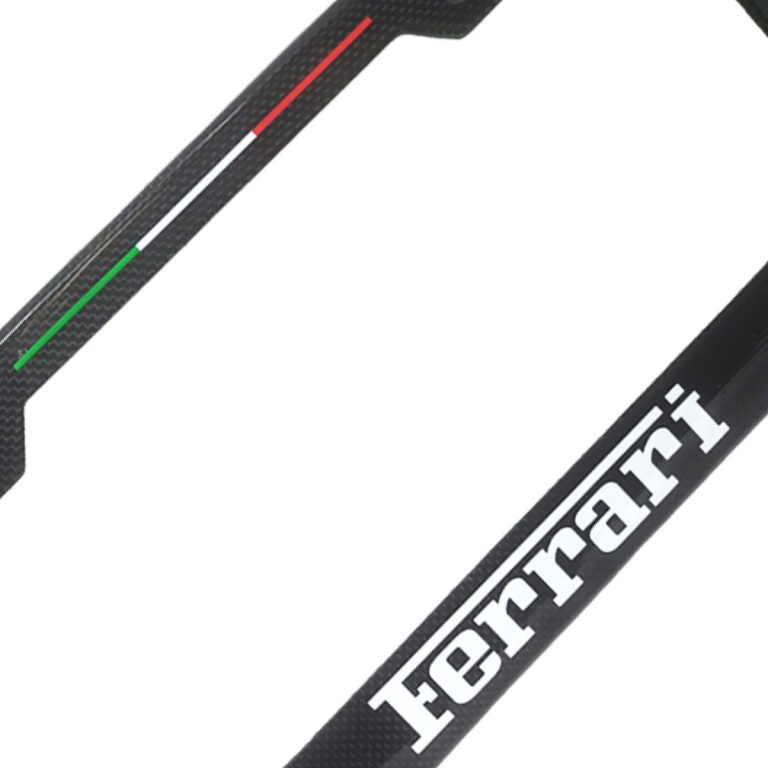 Ferrari License Frame Silver Text with Italy Stripe on Top Exotic Carbon Fiber