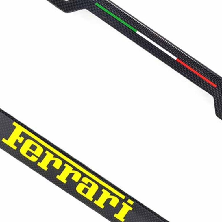 Ferrari License Frame Yellow Text Only Italian Stripe Exotic Carbon Fiber