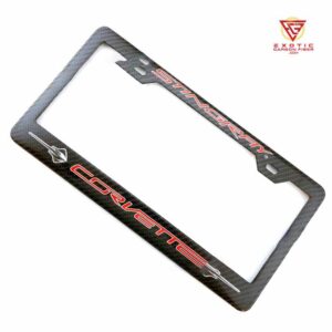 LP025z_Corvette_Stingray_Red_Text_Double_Logo_Plate_Frame
