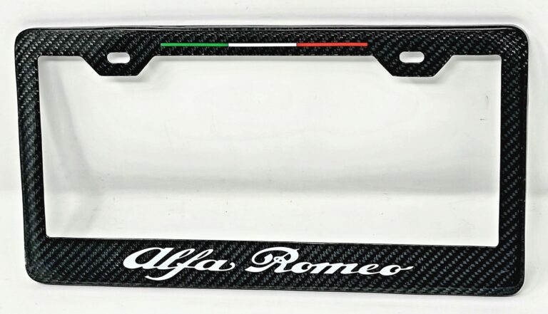Alfa Romeo branded black license plate frame with Italian flag colors.