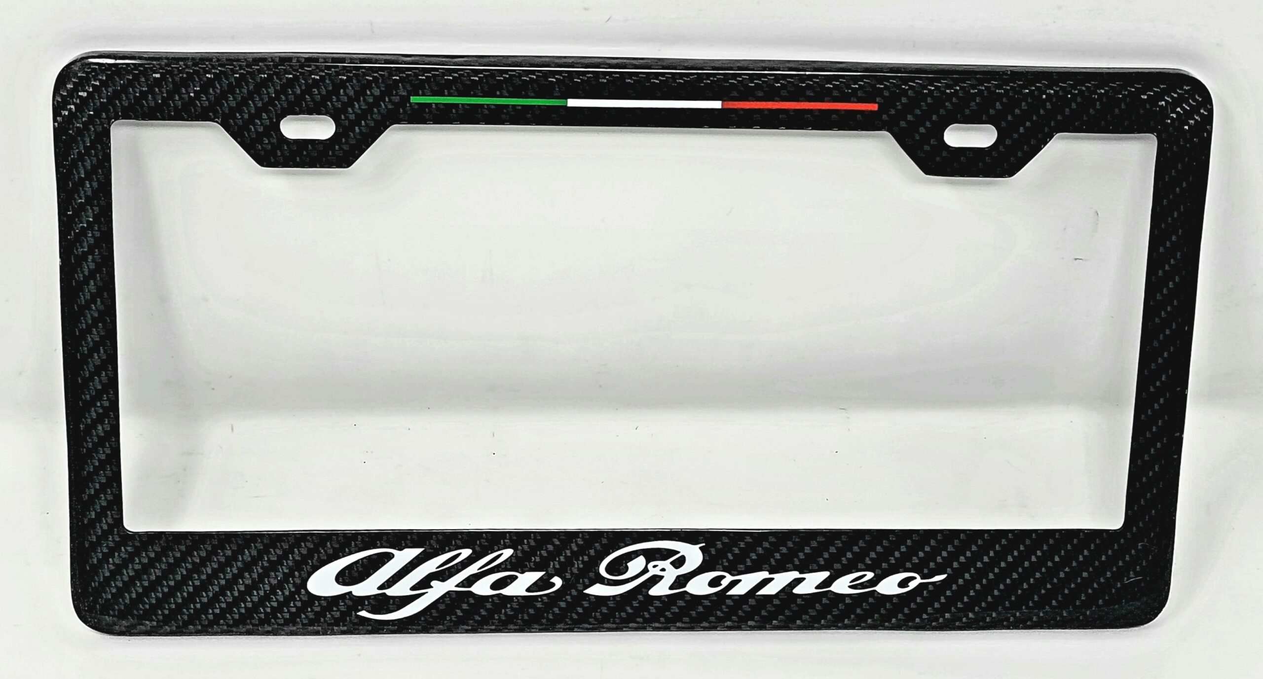 Alfa Romeo License Frame White Text Italy Stripe Top - Exotic