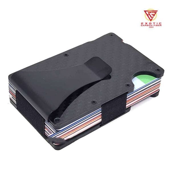 Slim black carbon fiber wallet with cards.