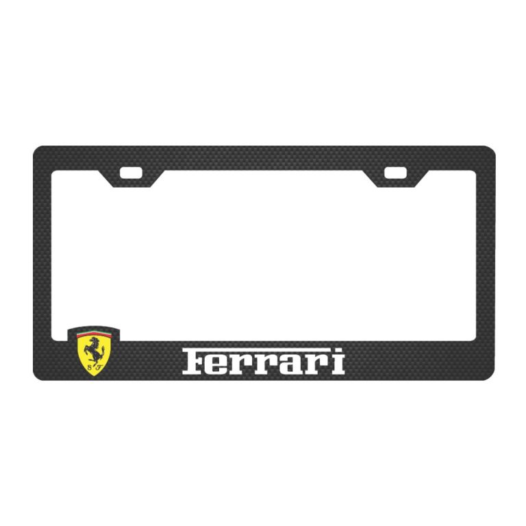 Ferrari License Frame Shields and White Text Exotic Carbon Fiber