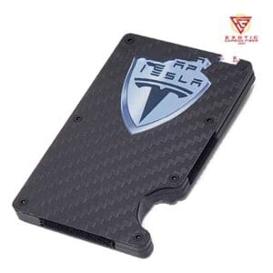 Black wallet featuring Tesla logo design.