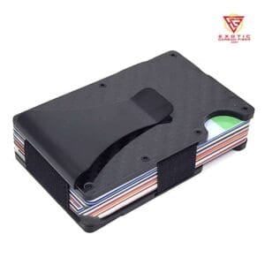 Black carbon fiber wallet with colorful cards.