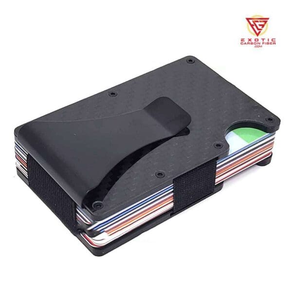 Slim black carbon fiber wallet with cards.