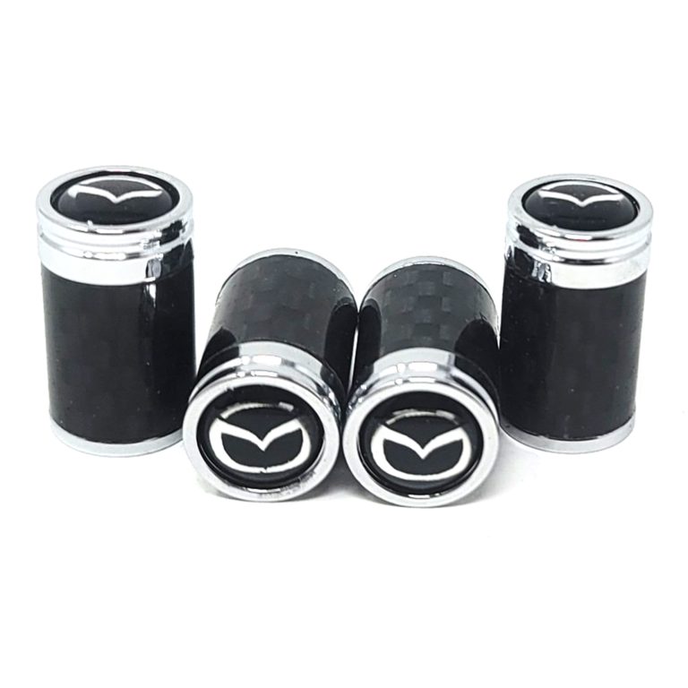 Mazda Valve Caps Silver on Black Exotic Carbon Fiber