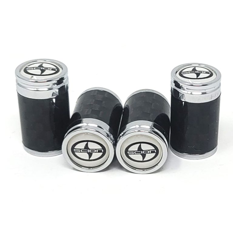 Scion Valve Caps Black on White Exotic Carbon Fiber