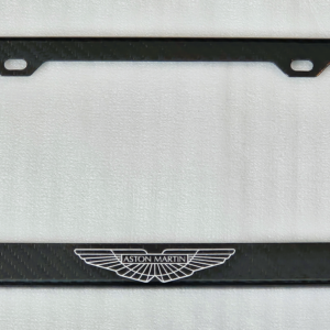 Black license plate frame with Aston Martin logo in white.