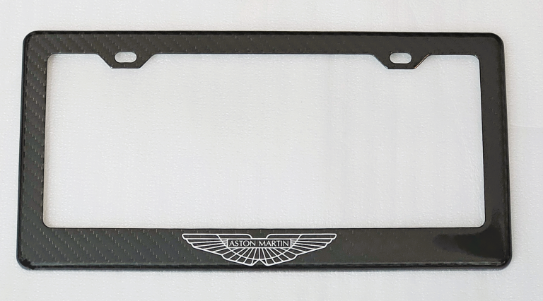 Black Aston Martin license plate frame with logo at the bottom.