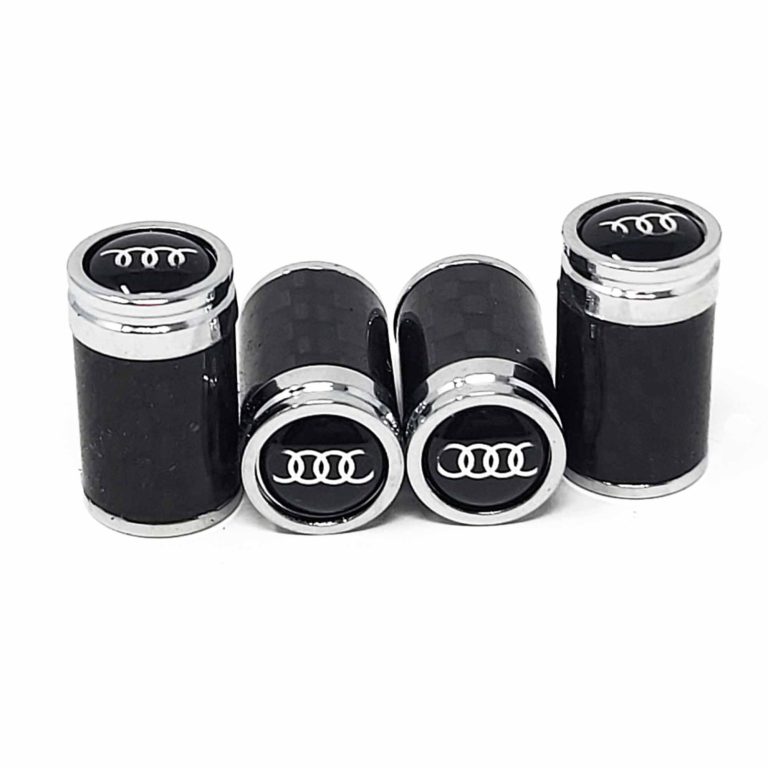 Audi Tire Valve Caps Silver Rings on Black Exotic Carbon Fiber