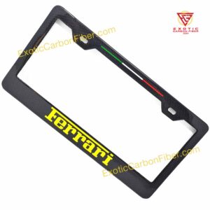 Black Ferrari license plate frame with yellow logo and red prancing horse emblem.