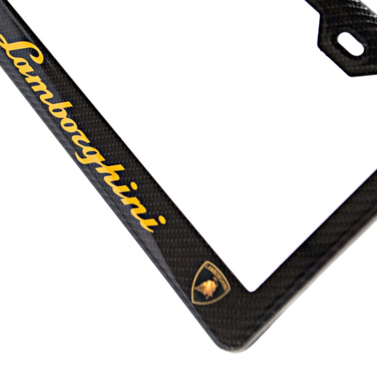 Lamborghini License Frame Gold Text and Shields Exotic Carbon Fiber