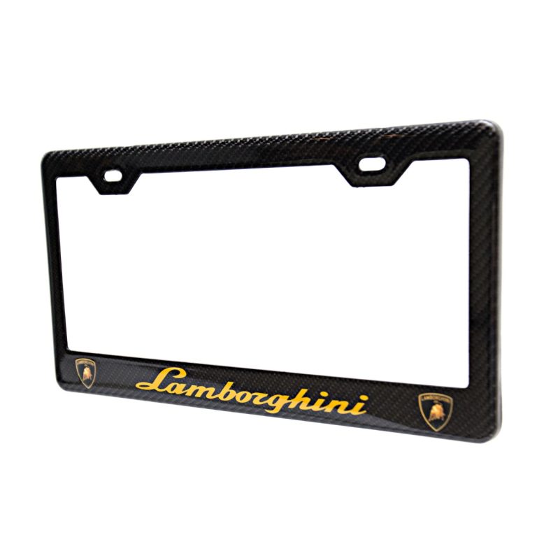 Lamborghini License Frame Gold Text and Shields Exotic Carbon Fiber