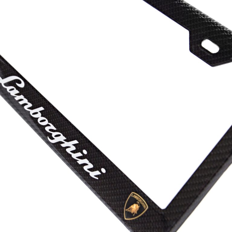 Lamborghini License Frame Shields and White Text Exotic Carbon Fiber