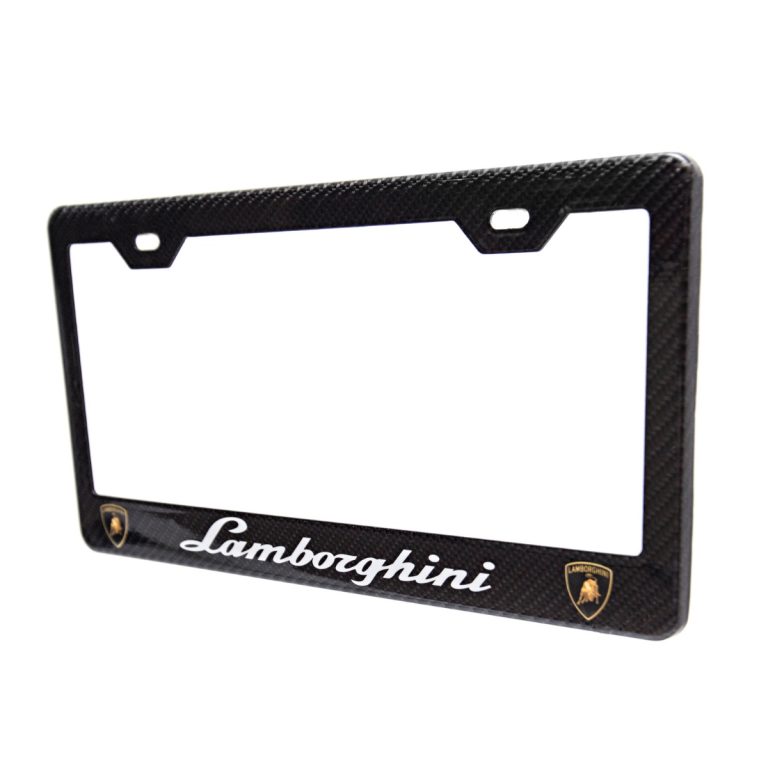 Lamborghini License Frame Shields and White Text Exotic Carbon Fiber