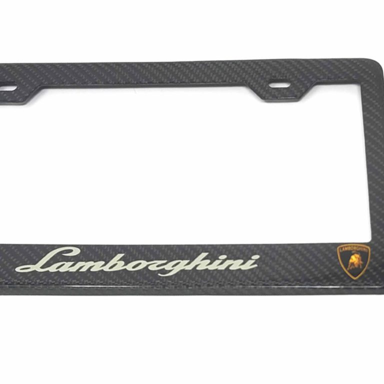 Lamborghini License Frame Silver Text Gold Shields Exotic Carbon Fiber