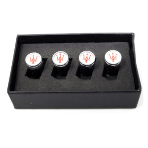 Maserati Tire Valve Caps Red Logo on White Exotic Carbon Fiber