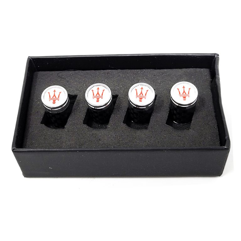 Maserati Tire Valve Caps Red Logo on White Exotic Carbon Fiber