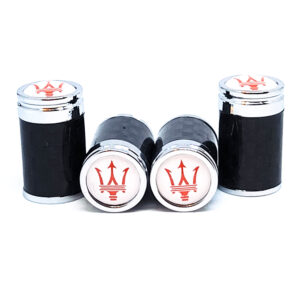 Maserati Tire Valve Caps Red Logo on White Exotic Carbon Fiber