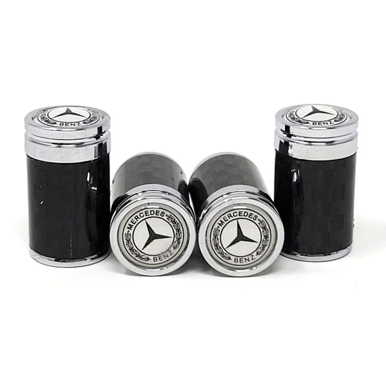 Mercedes Benz Valve Caps Star and Text on White Exotic Carbon Fiber