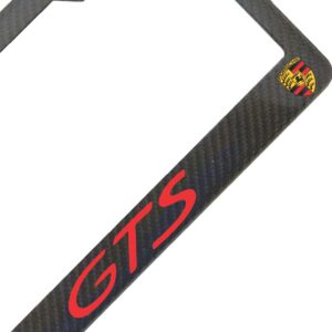 Porsche GTS License Frame Red Text and Shields Exotic Carbon Fiber