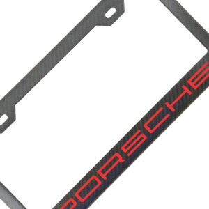 Porsche License Frame Wide Red Text Exotic Carbon Fiber