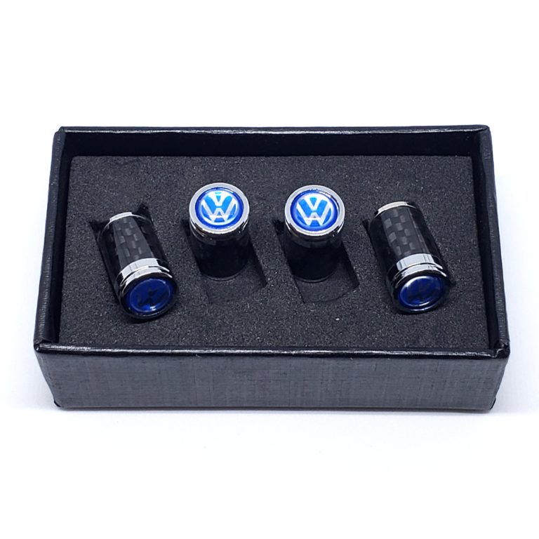 Volkswagen Tire Valve Caps Silver on Blue Exotic Carbon Fiber
