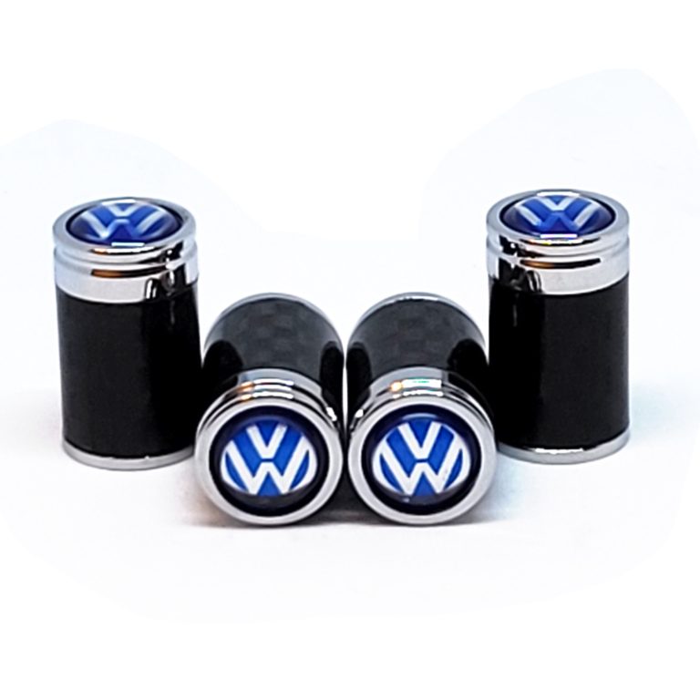 Volkswagen Tire Valve Caps Silver on Blue Exotic Carbon Fiber