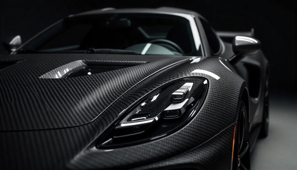 Luxury sports car showcasing dry carbon fiber hood and mirror caps under dramatic lighting, highlighting the texture and premium finish of handcrafted carbon fiber components.