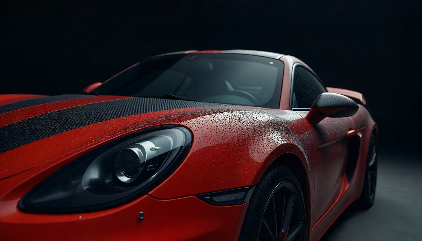 Luxury sports car showcasing dry carbon fiber hood and mirror caps under dramatic lighting, highlighting the texture and premium finish of handcrafted carbon fiber components.