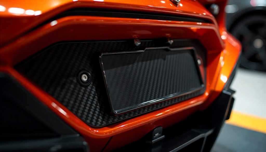 Close-up of a carbon fiber license plate frame mounted on a luxury sports car, showcasing its glossy finish, woven texture, and high-performance styling.