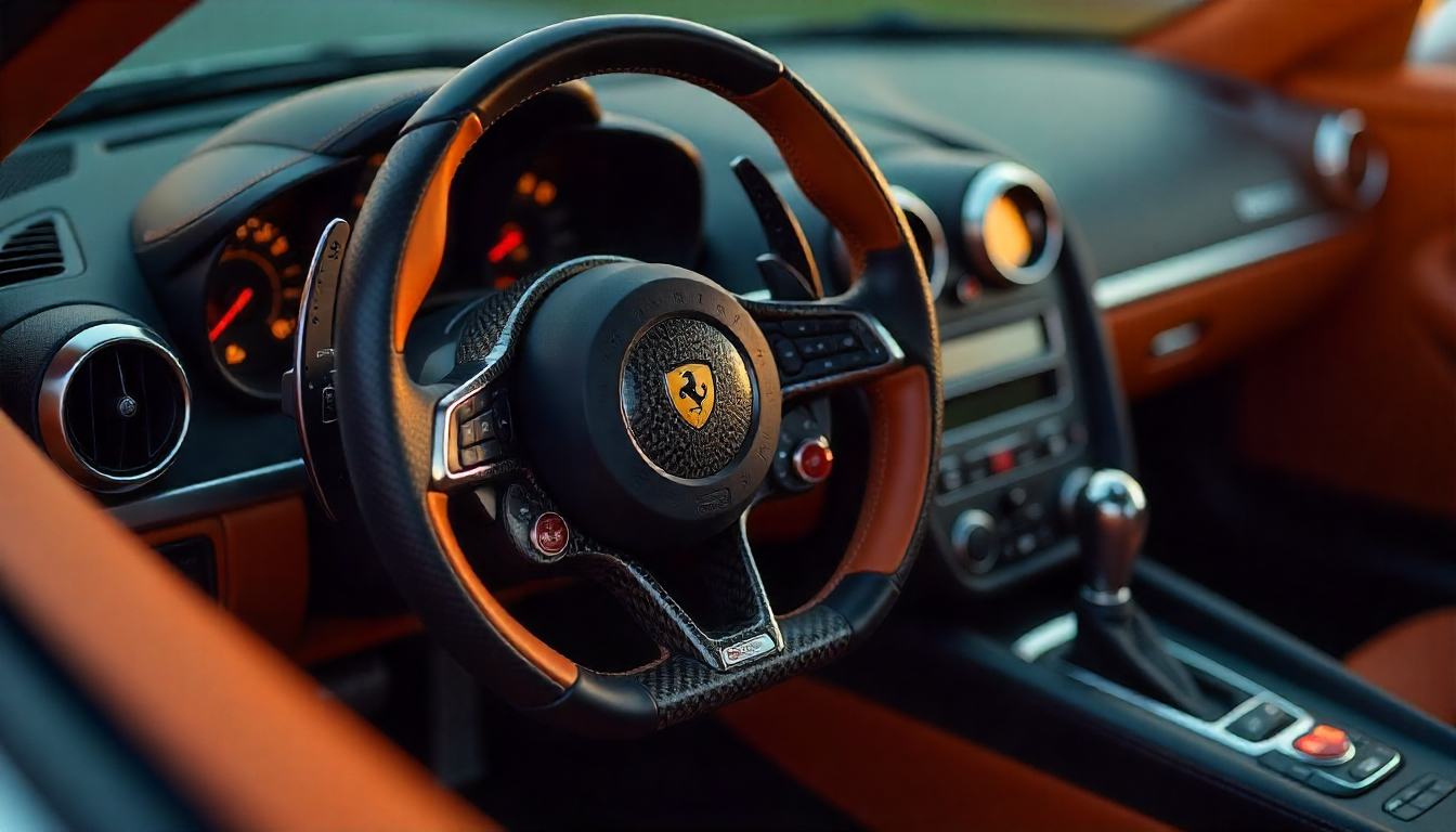 Close-up view of a luxury carbon fiber steering wheel with Alcantara grips and glossy finish inside a high-performance sports car interior.