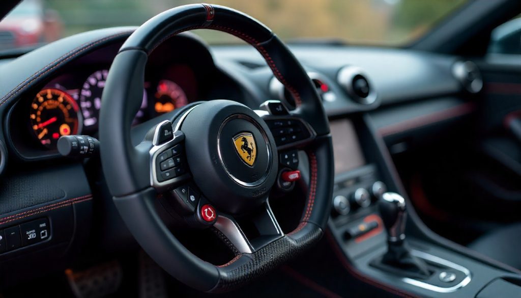 Close-up view of a luxury carbon fiber steering wheel with Alcantara grips and glossy finish inside a high-performance sports car interior.