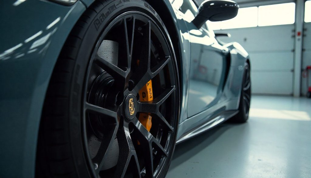 Close-up of a carbon fiber wheel on a luxury performance car, showcasing the glossy woven texture and sleek aerodynamic design in a high-end garage setting