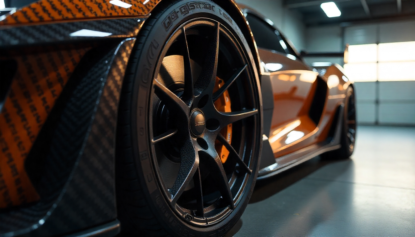 Close-up of a carbon fiber wheel on a luxury performance car, showcasing the glossy woven texture and sleek aerodynamic design in a high-end garage setting