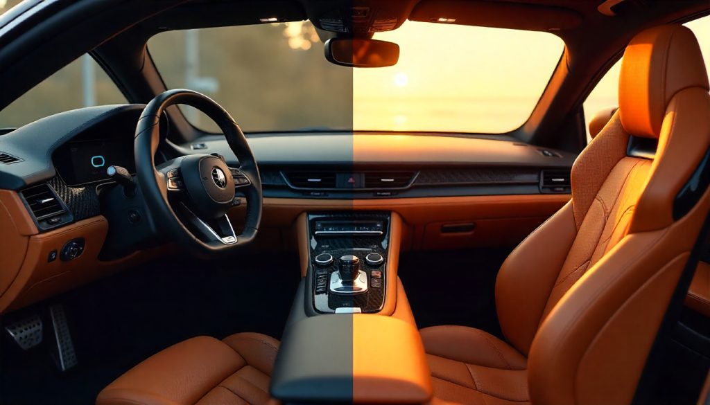 Split view of a luxury sports car interior showing carbon fiber dashboard and steering wheel on one side, and brown leather seats and trim on the other, highlighting the contrast between performance and comfort materials
