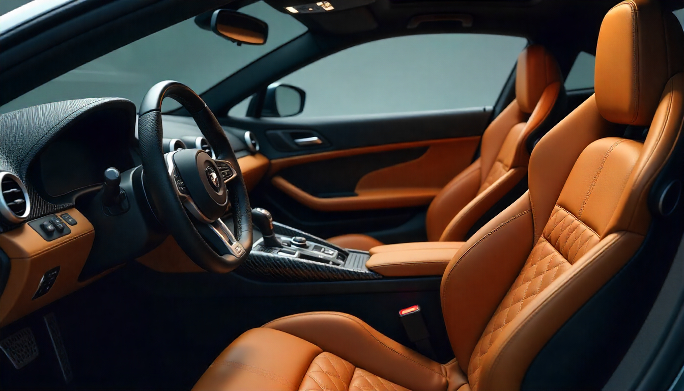 Split view of a luxury sports car interior showing carbon fiber dashboard and steering wheel on one side, and brown leather seats and trim on the other, highlighting the contrast between performance and comfort materials