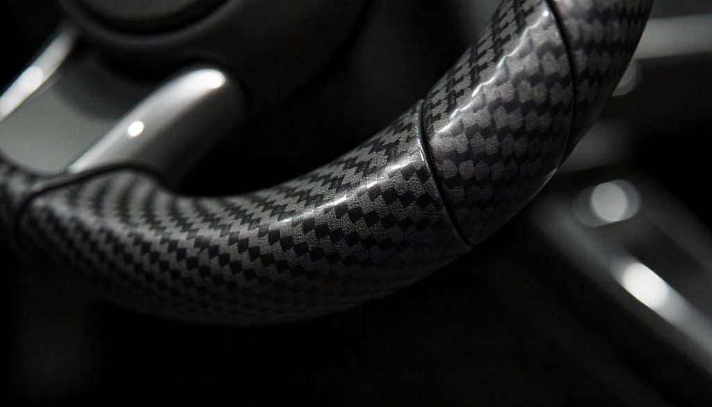 Close-up of a glossy carbon fiber car part showcasing detailed weave pattern and premium handcrafted finish on a luxury supercar interior.